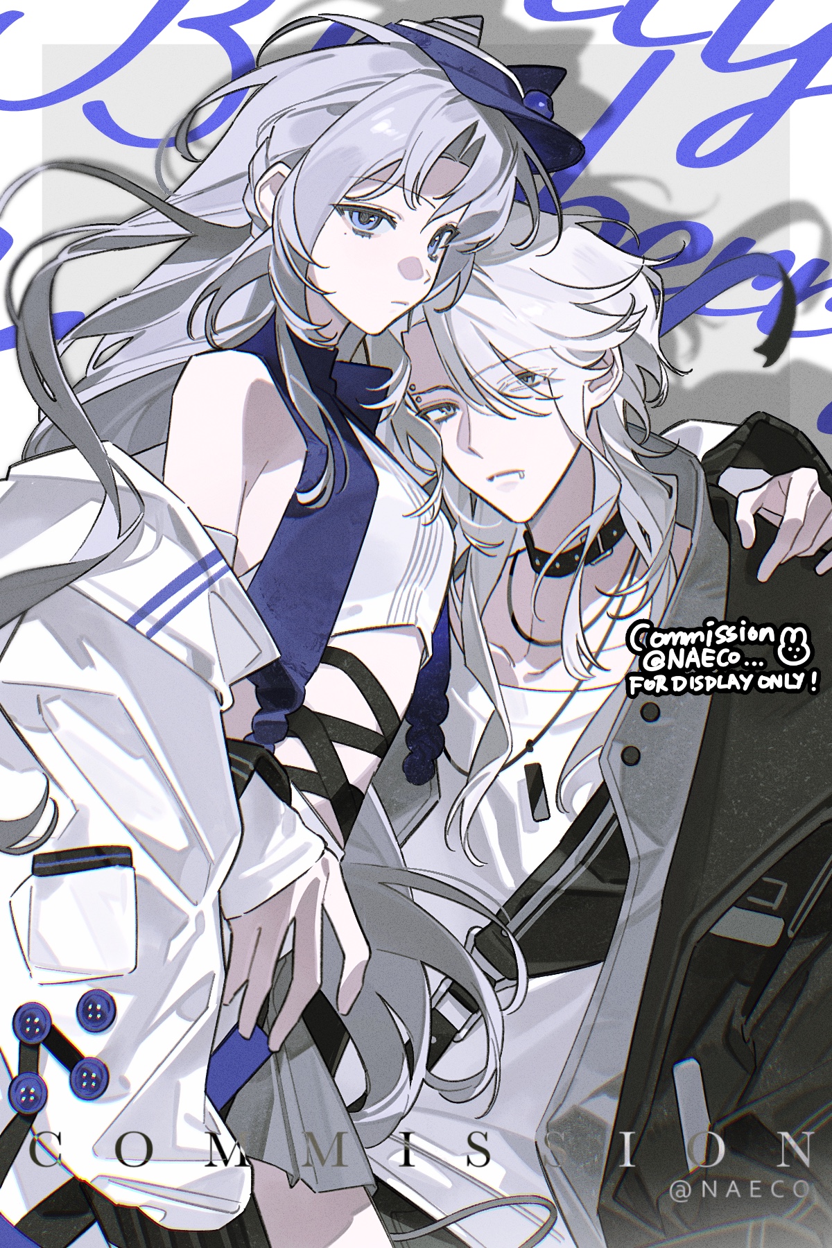 evodtonaeco, original, highres, 1boy, 1girl, black jacket, blue eyes, choker, english text, grey hair, hair ornament, hand on another's shoulder, jacket, jewelry, long hair, long sleeves, looking at viewer, necklace, off shoulder, open clothes, open jacket, parted bangs, purple hair, shirt, skirt, t-shirt, watermark
