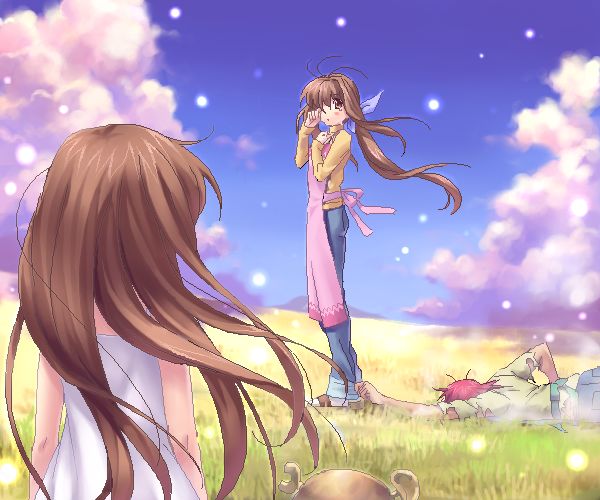 zen, furukawa akio, furukawa sanae, garbage doll, girl from the illusionary world, clannad, duplicate, 00s, grass, ponytail, sparkle