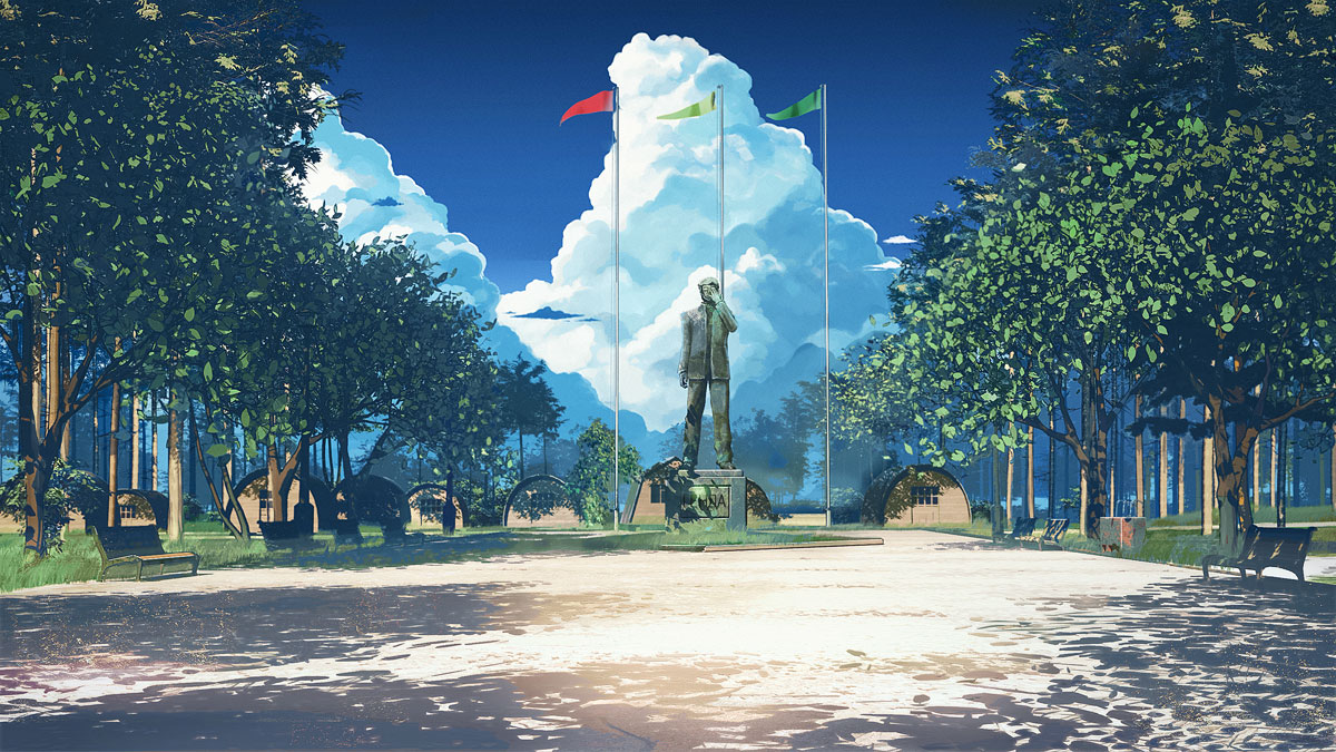 arsenixc, ikari gendou, erogame project, everlasting summer, neon genesis evangelion, original, game cg, translated, bench, camp, cloud, cyrillic, day, flag, grass, no humans, russian text, scenery, shade, sky, statue, sunlight, tree