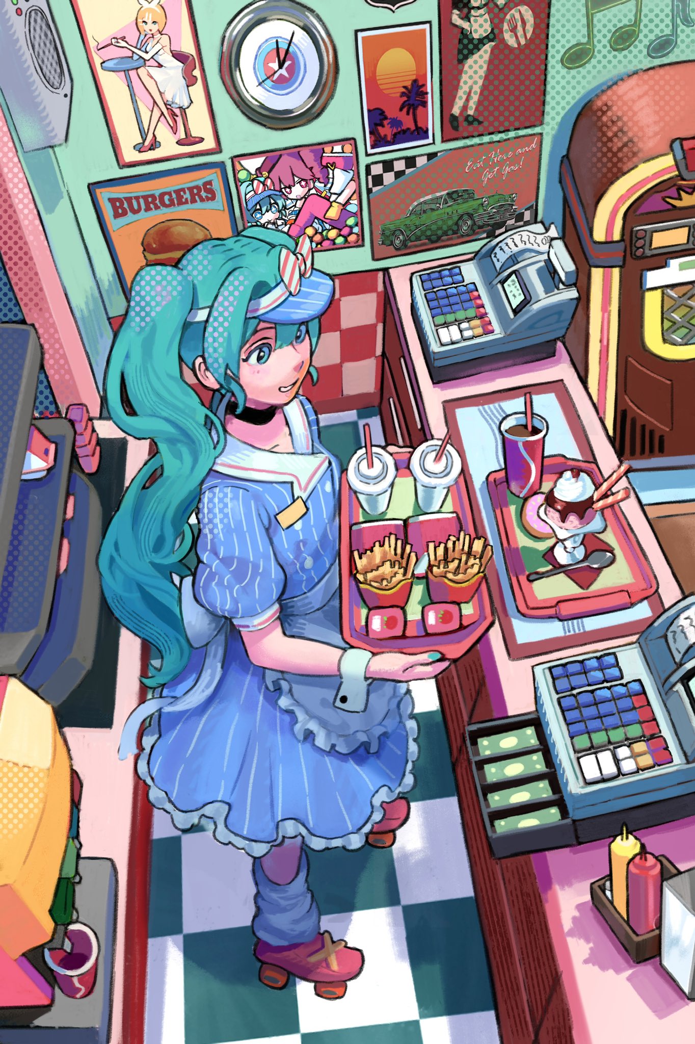 calilo, hatsune miku, kagamine rin, kasane teto, mesmerizer (vocaloid), vocaloid, commentary, highres, 1girl, apron, aqua eyes, aqua hair, cash register, checkered floor, choker, clock, counter, cup, diner, disposable cup, donut, dress, drinking straw, food, french fries, frilled dress, frills, from above, full body, holding, holding tray, ice cream, jukebox, ketchup, ketchup bottle, leg warmers, long hair, mustard, mustard bottle, nail polish, poster (object), restaurant, roller skates, sauce packet, short sleeves, skates, smile, soda fountain, solo, spoon, striped clothes, striped dress, sundae, tile floor, tiles, tray, twintails, very long hair, visor cap, wafer stick, waist apron, waitress, wall clock, wrist cuffs