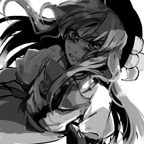 popoin, hinanawi tenshi, touhou, bad id, bad pixiv id, lowres, 1girl, angry, clenched teeth, female focus, greyscale, hat, monochrome, solo, teeth