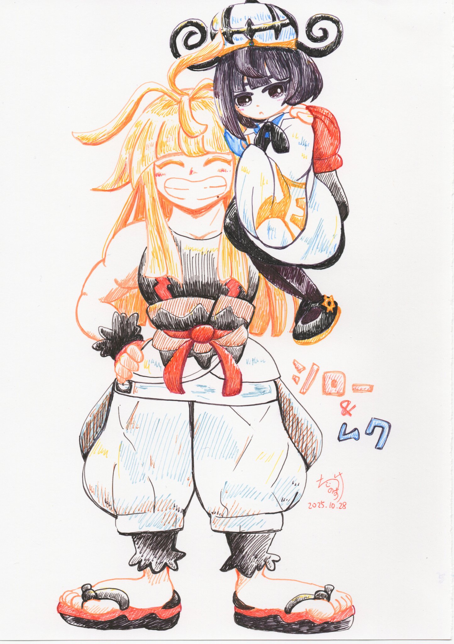 gwynn (pokemon), ivor (pokemon), nintendo, pokemon, pokemon legends: z-a, highres, traditional media, 1boy, 1girl, black dress, black eyes, black hair, black pantyhose, black shirt, black shoes, blue gloves, bob cut, brother and sister, carrying over shoulder, chi-nosuke, closed eyes, closed mouth, coat, dated, dress, facing viewer, gloves, hand on own hip, hat, long hair, long sleeves, looking at viewer, open mouth, pants, pantyhose, sandals, shirt, shoes, short hair, siblings, sleeveless, sleeveless shirt, teeth, white coat, white pants, wide sleeves