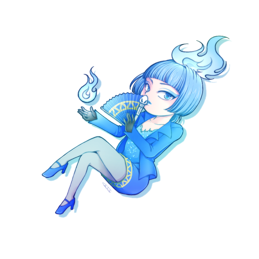 ms. hades, disneyland, 1girl, ancient greek clothes, animification, blue fire, blue hair, blue lips, chibi, closed mouth, dress, fiery hair, fire, formal clothes, gloves, greco-roman clothes, himation, lipstick, long sleeves, looking at viewer, makeup, simple background, solo, suit, tsukiko 6358