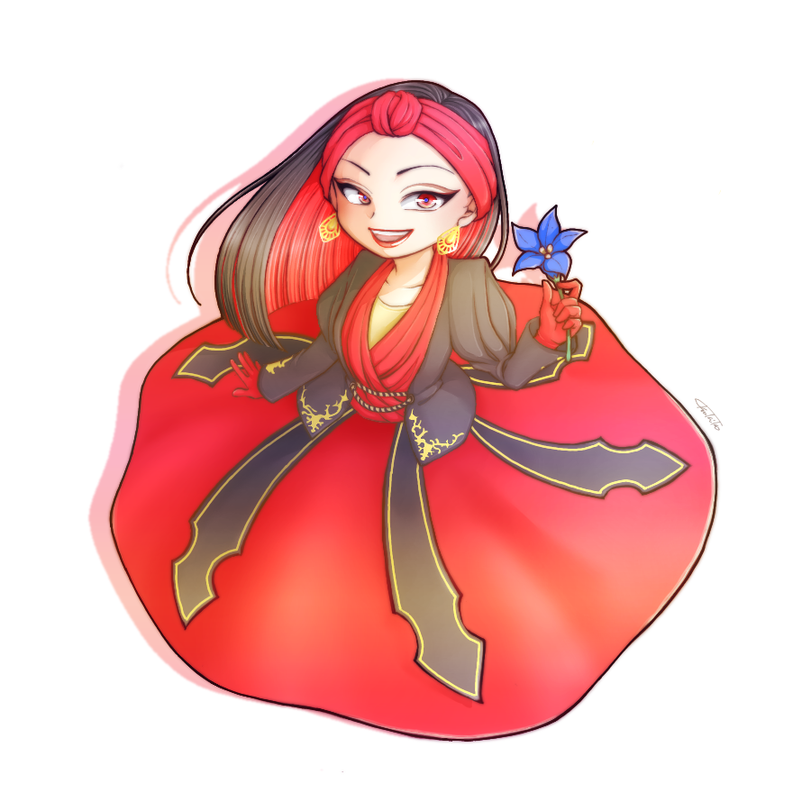 farja, disneyland, 1girl, animification, arabian clothes, black hair, dress, earrings, gloves, jewelry, lipstick, long hair, long sleeves, looking at viewer, makeup, red gloves, simple background, smile, solo, tsukiko 6358