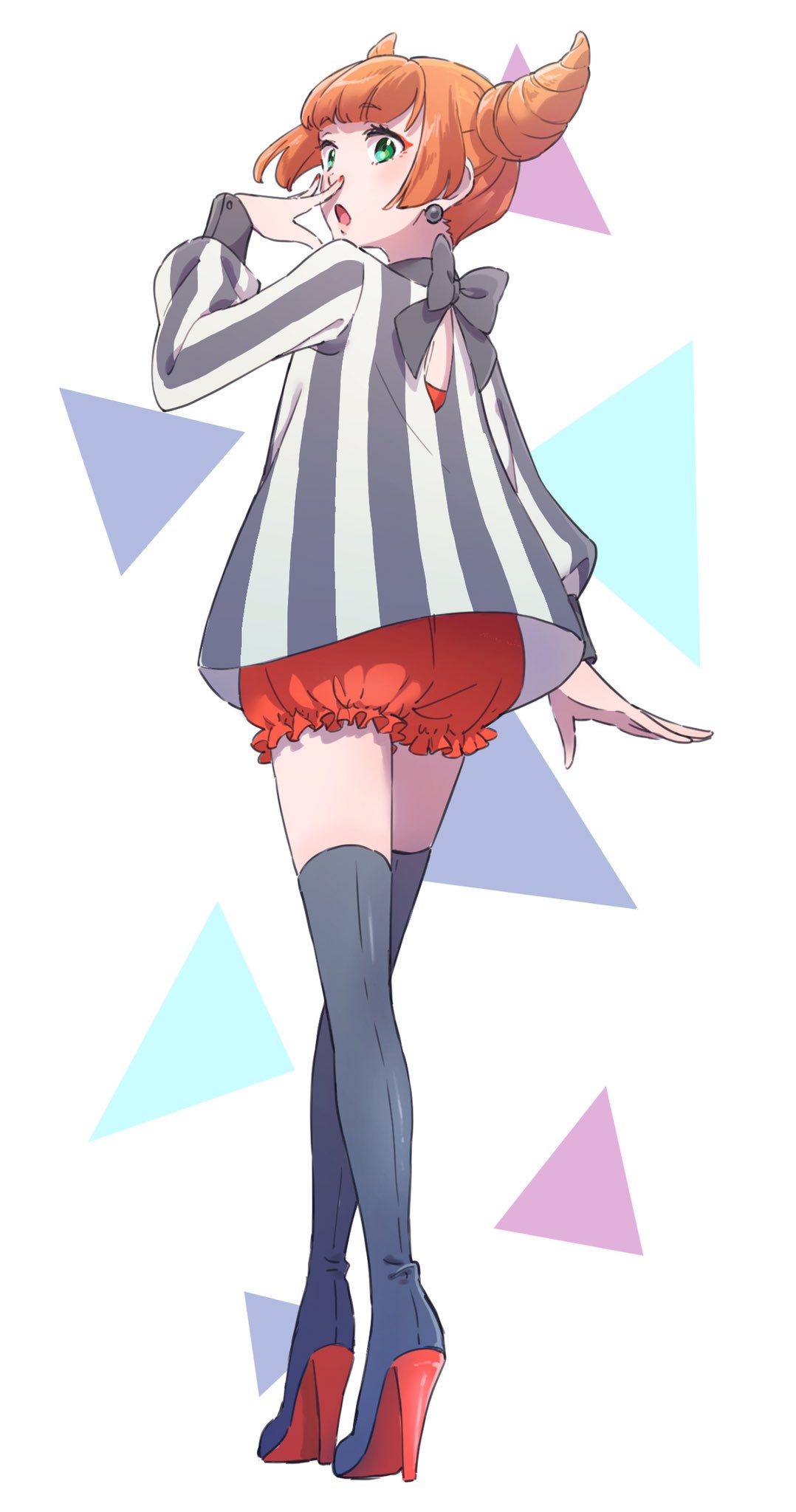 sagawa haruka, character request, highres, 1girl, black thighhighs, eyeshadow, full body, looking at viewer, makeup, nail polish, open mouth, orange hair, short hair, solo, standing, thighhighs