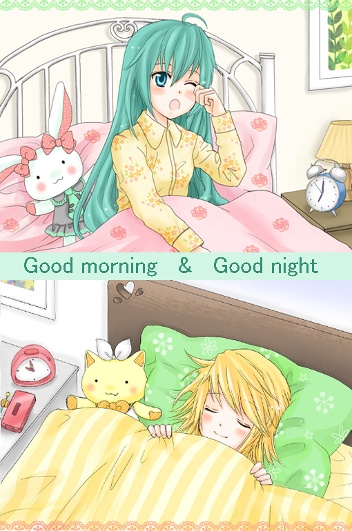 tin lamp, hatsune miku, kagamine rin, vocaloid, bad id, bad pixiv id, 2girls, ahoge, aqua eyes, aqua hair, bed, blonde hair, long hair, multiple girls, ribbon, sleeping, stuffed animal, stuffed cat, stuffed rabbit, stuffed toy, yawning