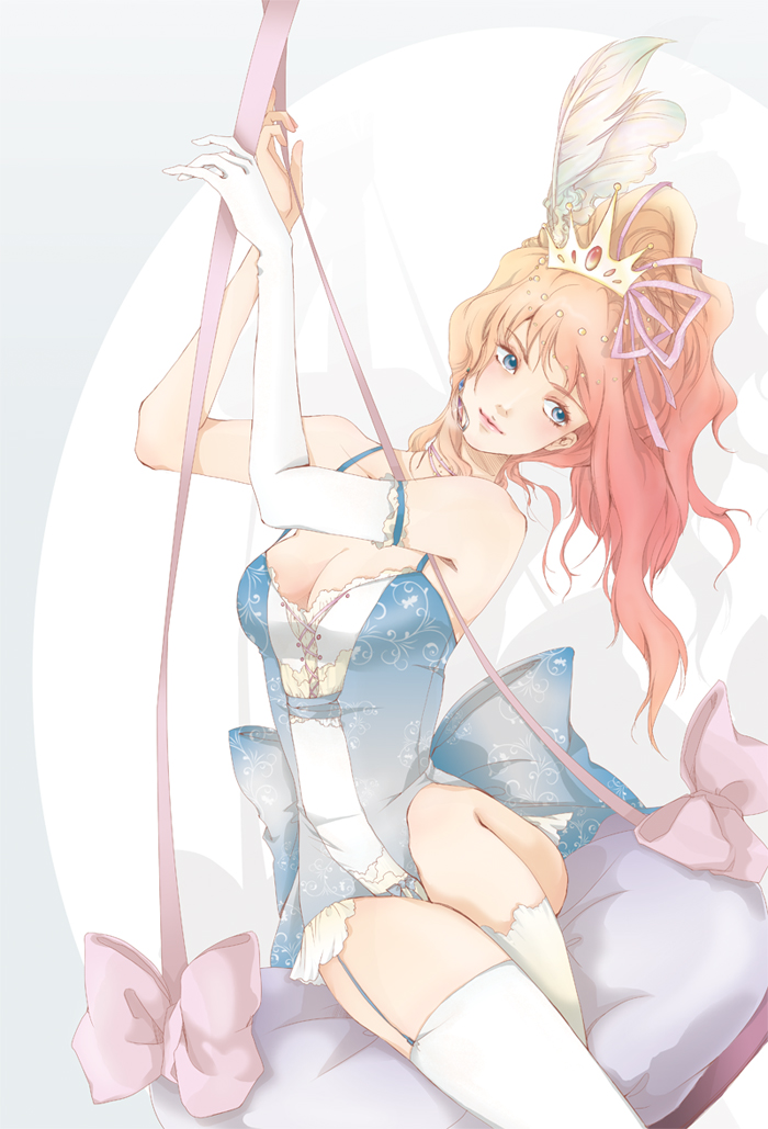 heerin, sheryl nome, macross, macross frontier, 00s, 1girl, blonde hair, blue eyes, breasts, cleavage, crown, earrings, feathers, female focus, frills, gloves, jewelry, large breasts, lipstick, makeup, ponytail, ribbon, single earring, single glove, solo, thighhighs, tiara, white thighhighs