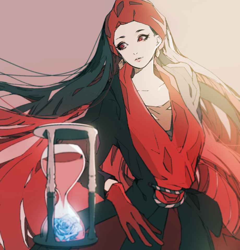 kyou o, farja, disneyland, 1girl, animification, arabian clothes, black hair, dress, earrings, gloves, hourglass, jewelry, lipstick, long hair, long sleeves, looking at viewer, makeup, red gloves, simple background, smile, solo, upper body