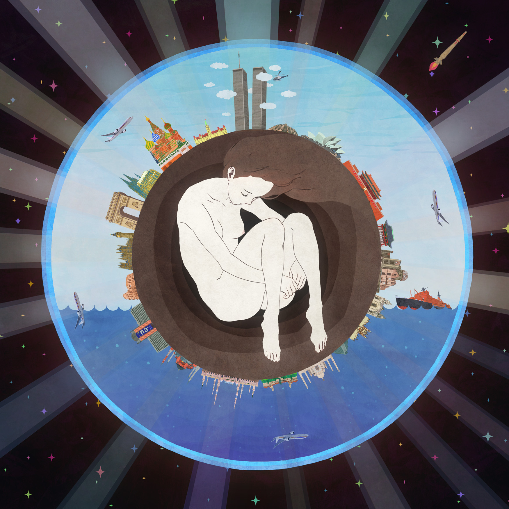 nababa, kremlin, original, highres, 1girl, aircraft, airplane, arc de triomphe, barefoot, berlaymont building, building, church, closed eyes, cloud, colosseum, earth (planet), elizabeth tower, feet, female focus, fetal position, flat chest, forbidden city, helicopter, hiroshima peace memorial, houses of parliament, nipples, nude, ocean, planet, plantar flexion, pyramid (structure), rocket, ship, skyscraper, solo, st. basil's cathedral, sydney opera house, taj-mahal, taj mahal, temple, water, watercraft, westminster palace, world, world trade center