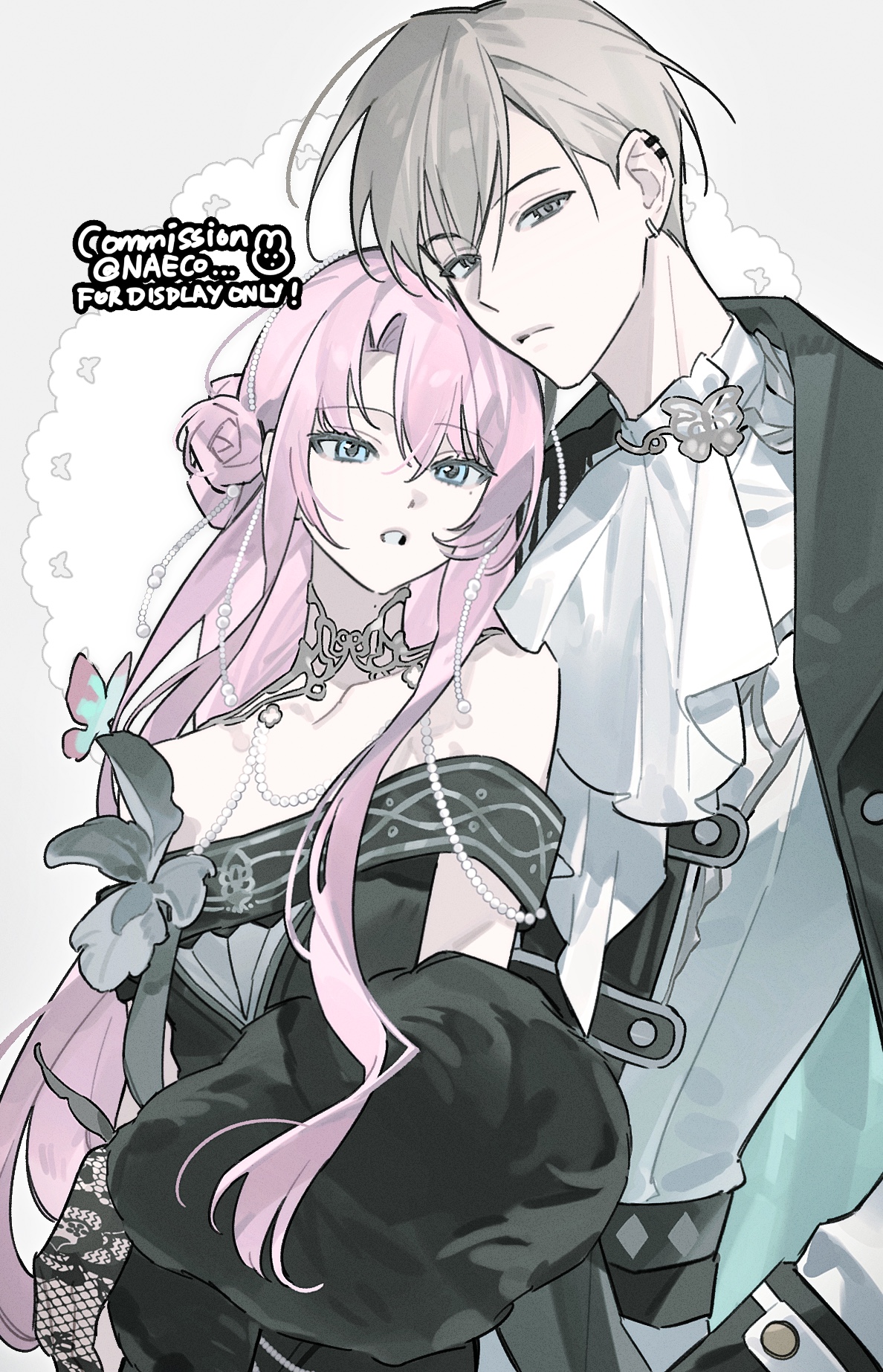 evodtonaeco, original, highres, 1boy, 1girl, ascot, bare shoulders, black dress, blue eyes, bug, butterfly, coat, dress, fishnet gloves, fishnets, gloves, grey hair, hair behind ear, hair bun, insect, jewelry, lace, lace gloves, long hair, looking at viewer, necklace, off-shoulder dress, off shoulder, open clothes, open coat, parted bangs, parted lips, pearl necklace, pink hair, shirt, short hair, swept bangs, white ascot, white shirt