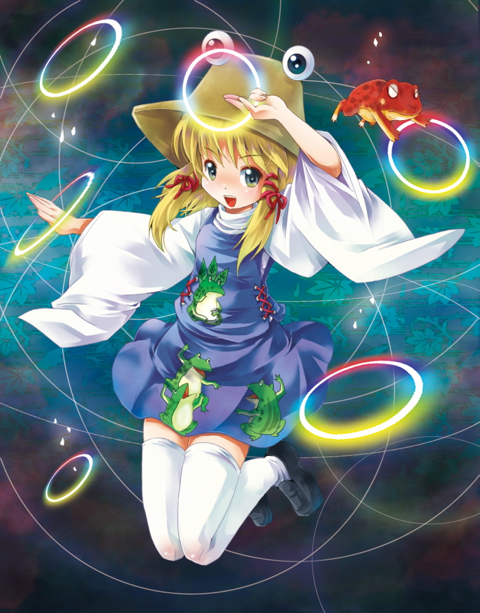 michii yuuki, moriya suwako, touhou, bad id, bad pixiv id, 1girl, blonde hair, female focus, frog, green eyes, hat, moriya's iron rings, solo, thighhighs, zettai ryouiki