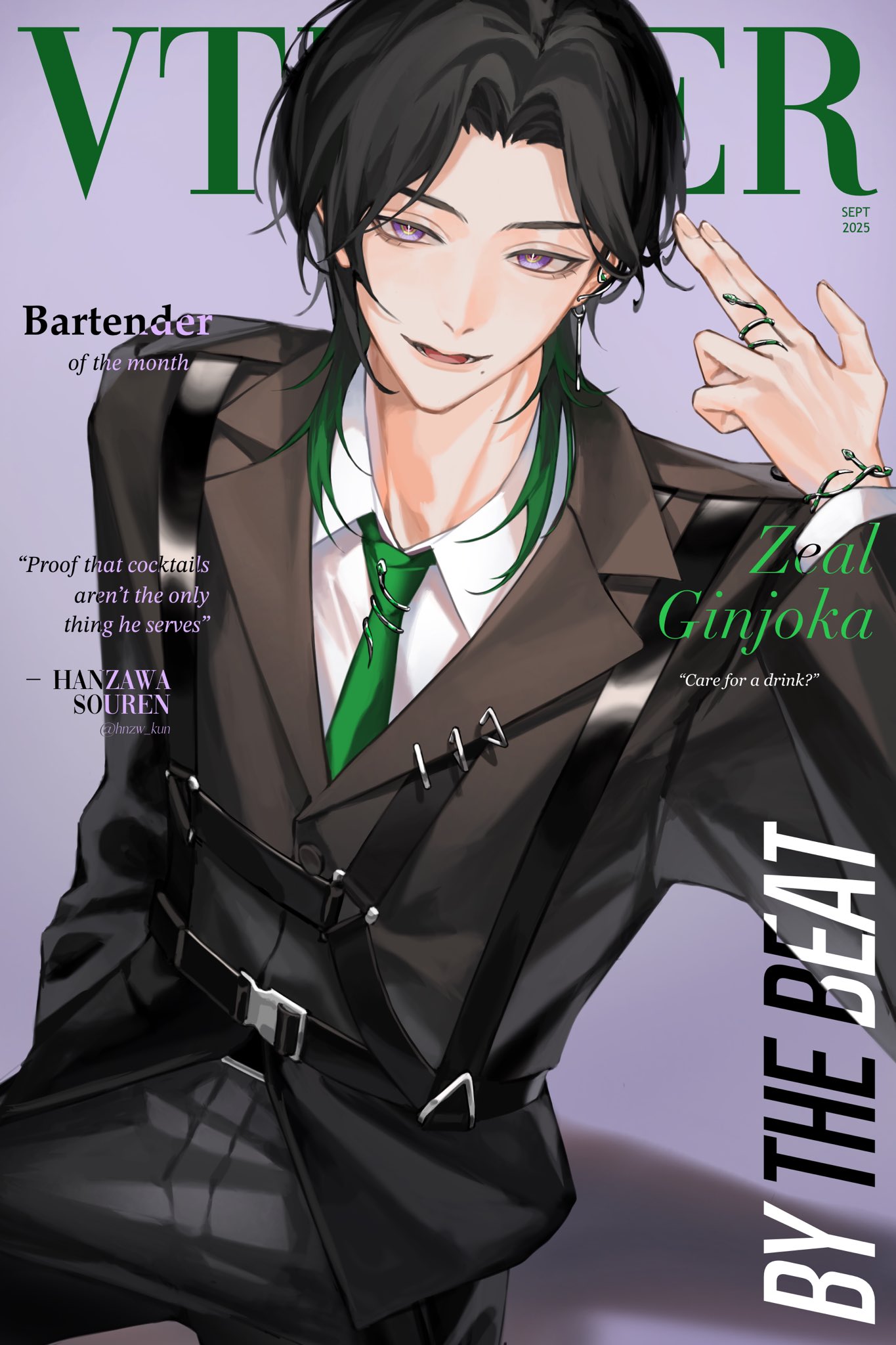 hnzw kun, zeal ginjoka, nijisanji, nijisanji en, highres, 1boy, black hair, collared shirt, earrings, green hair, jewelry, long sleeves, looking at viewer, male focus, medium hair, multicolored eyes, multicolored hair, open mouth, purple background, purple eyes, shirt, single earring, smile, solo, virtual youtuber, white shirt