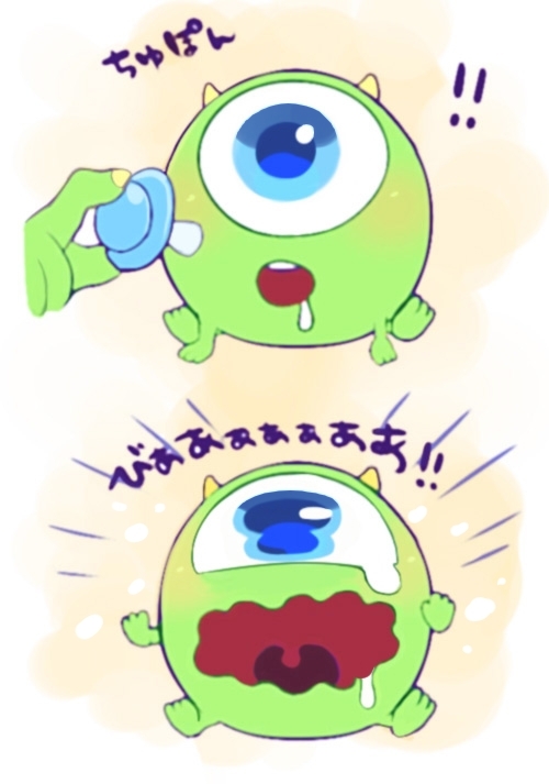 yokotn, mike wazowski, monsters inc., translation request, 1boy, aged down, animification, baby, blue eyes, colored skin, cyclops, full body, green eyes, green skin, happy, horns, male focus, no humans, one-eyed, open mouth, pacifier, smile, solo, teeth