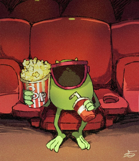yokotn, mike wazowski, monsters inc., 1boy, animification, blue eyes, colored skin, cyclops, food, full body, green eyes, green skin, horns, male focus, no humans, one-eyed, open mouth, popcorn, smile, solo, teeth