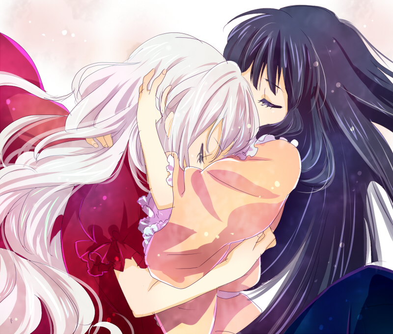 machiko (beard), houraisan kaguya, yagokoro eirin, touhou, silver hair, bad id, bad pixiv id, 2girls, black hair, closed eyes, female focus, hug, multiple girls