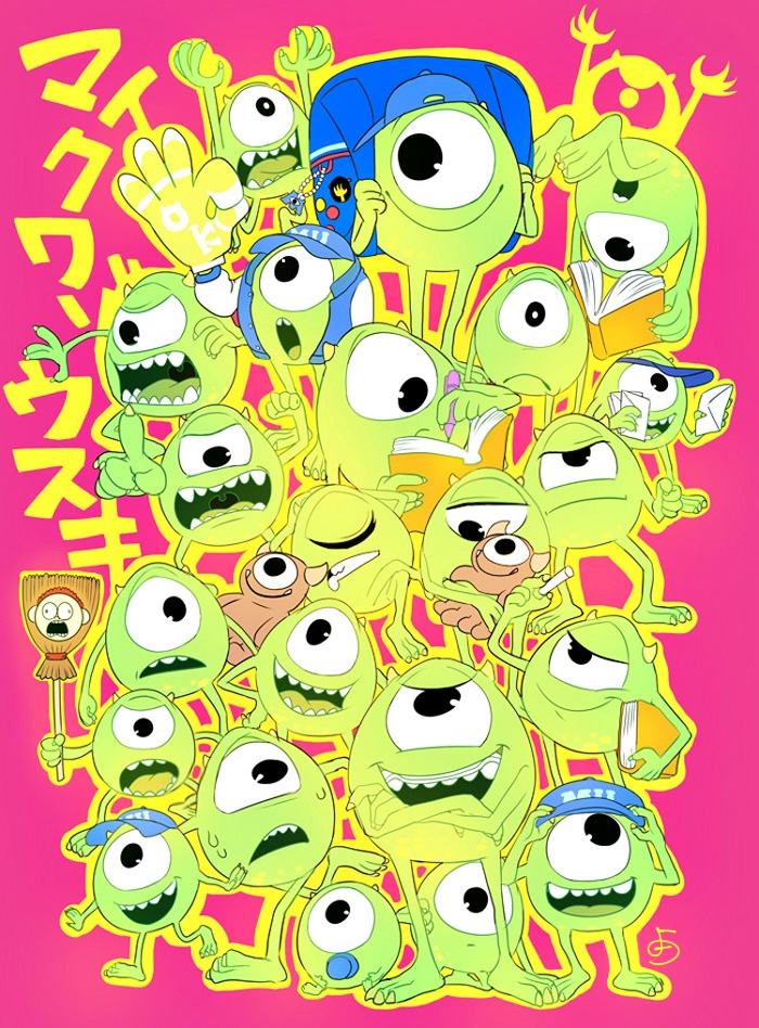 yokotn, mike wazowski, monsters inc., 1boy, animification, blue eyes, colored skin, cyclops, full body, green eyes, green skin, horns, male focus, multiple persona, no humans, one-eyed, open mouth, smile, solo, teeth