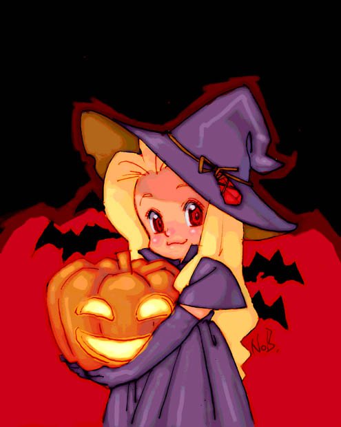 yuuki nobuteru, character request, 1girl, bat (animal), blonde hair, closed mouth, dress, elbow gloves, gloves, halloween, halloween costume, hat, jack-o'-lantern, long hair, looking at viewer, pumpkin, purple hat, smile, solo, witch hat