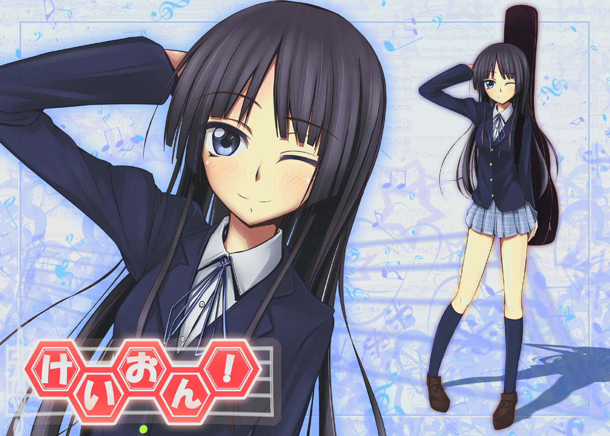 jennifer yamada, akiyama mio, k-on!, 00s, 1girl, black hair, blue eyes, blunt bangs, blush, female focus, hime cut, instrument, kneehighs, long hair, one eye closed, school uniform, shoes, skirt, smile, socks, solo, wink, zoom layer