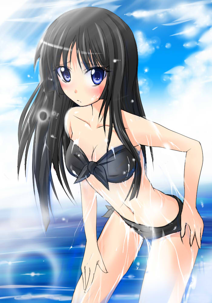 kayama kenji, reki 48, akiyama mio, k-on!, bad id, bad pixiv id, 00s, 1girl, bikini, black bikini, black hair, blue eyes, blunt bangs, blush, breasts, cleavage, female focus, hime cut, long hair, side-tie bikini bottom, solo, swimsuit, water