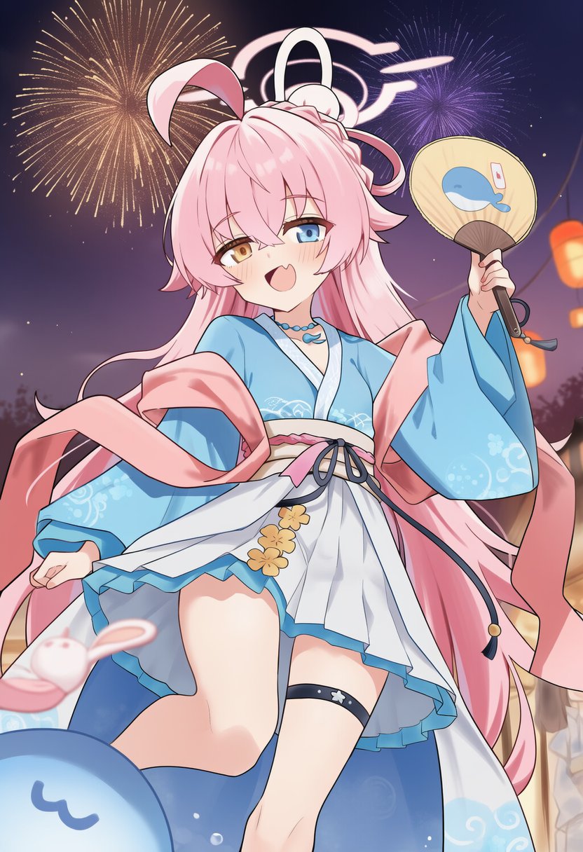 upstang1, hoshino (blue archive), blue archive, highres, 1girl, aerial fireworks, ahoge, alternate costume, blue eyes, blue kimono, blush, fang, fireworks, hair between eyes, halo, hand fan, heterochromia, holding, holding fan, hoshino (mid-autumn festival) (blue archive), huge ahoge, japanese clothes, kimono, long hair, long sleeves, looking at viewer, open mouth, paper fan, pink hair, pink halo, pleated skirt, sash, skin fang, skirt, smile, solo, thigh strap, uchiwa, wide sleeves, yellow eyes
