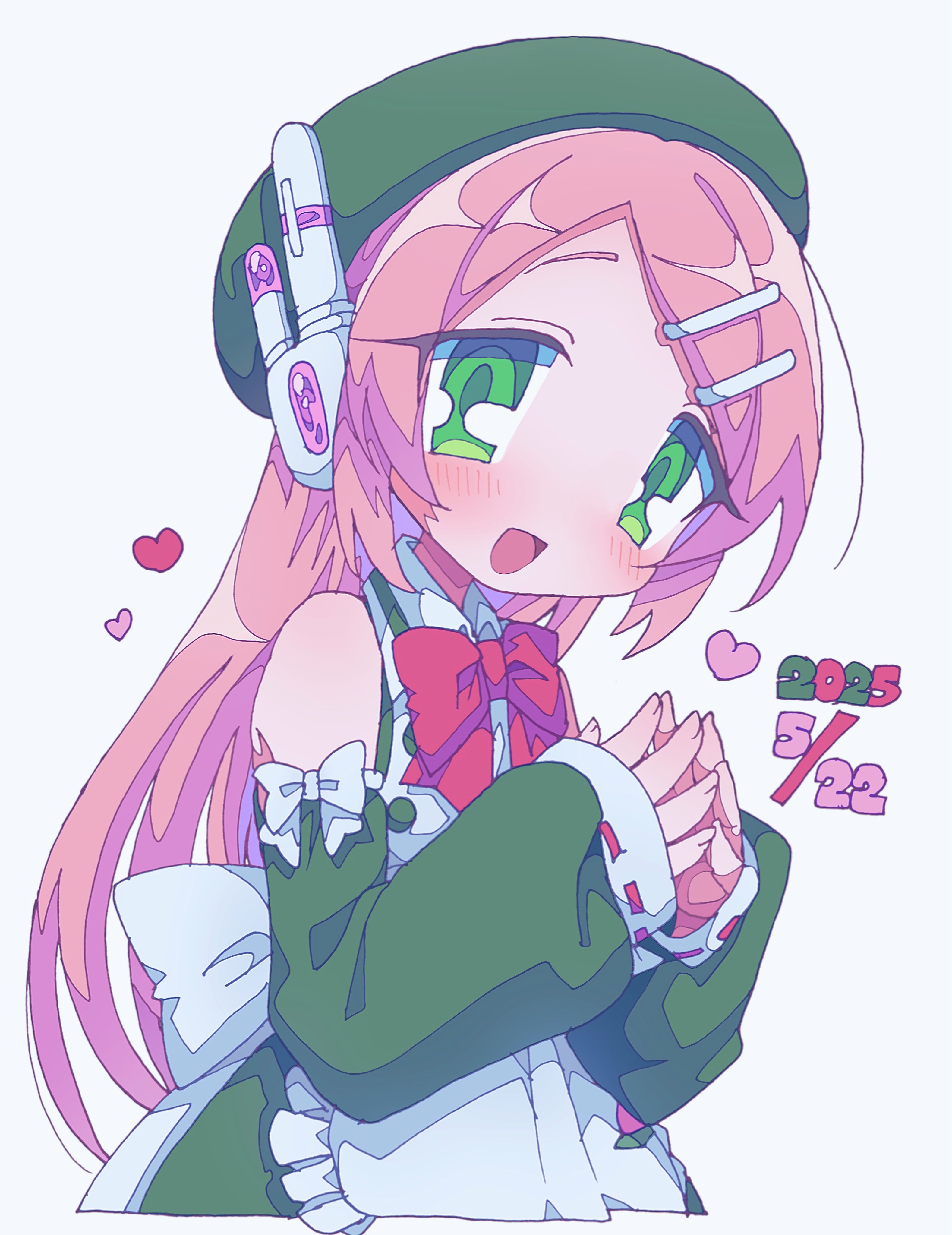 mekziro, momone momo, utau, absurdres, commentary request, highres, 1girl, apron, back bow, beret, bow, bowtie, collared dress, dated, detached sleeves, dress, green eyes, hair ornament, hairclip, hat, heart, long hair, long sleeves, looking at viewer, open mouth, own hands together, pink hair, ribbon-trimmed sleeves, ribbon trim, robot ears, sleeveless, sleeveless dress, smile, solo
