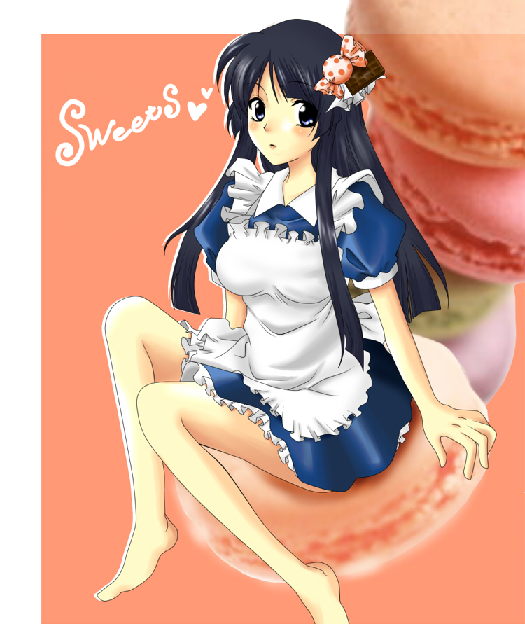 tomotan, akiyama mio, k-on!, 00s, 1girl, alternate costume, apron, bare legs, barefoot, black hair, blue eyes, chocolate, enmaided, female focus, food-themed clothes, maid, maid apron, sitting, solo
