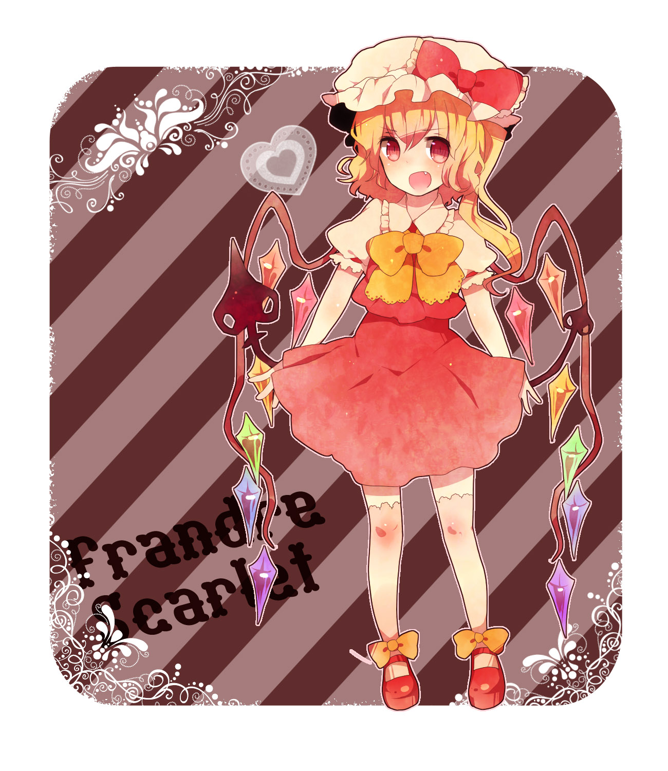 miyako (xxxbibit), myk, flandre scarlet, touhou, highres, 1girl, blonde hair, blouse, character name, collared shirt, fang, female focus, hair between eyes, hat, mob cap, red eyes, red shoes, ribbon, shirt, shoes, short hair, solo, thighhighs, white hat, white shirt, white thighhighs, wings