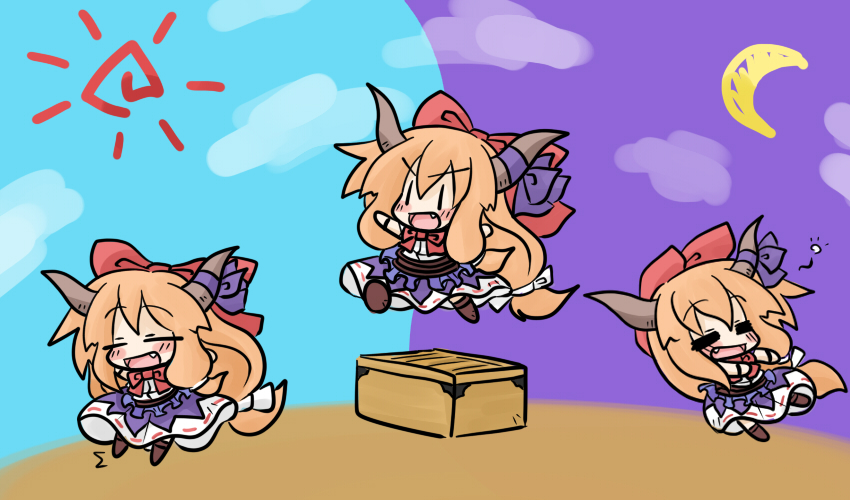 yanagi (nurikoboshi), ibuki suika, touhou, 1girl, blush, box, chibi, cloud, donation box, fang, female focus, hair ribbon, horns, multiple views, orange hair, outdoors, ribbon, sky, | |