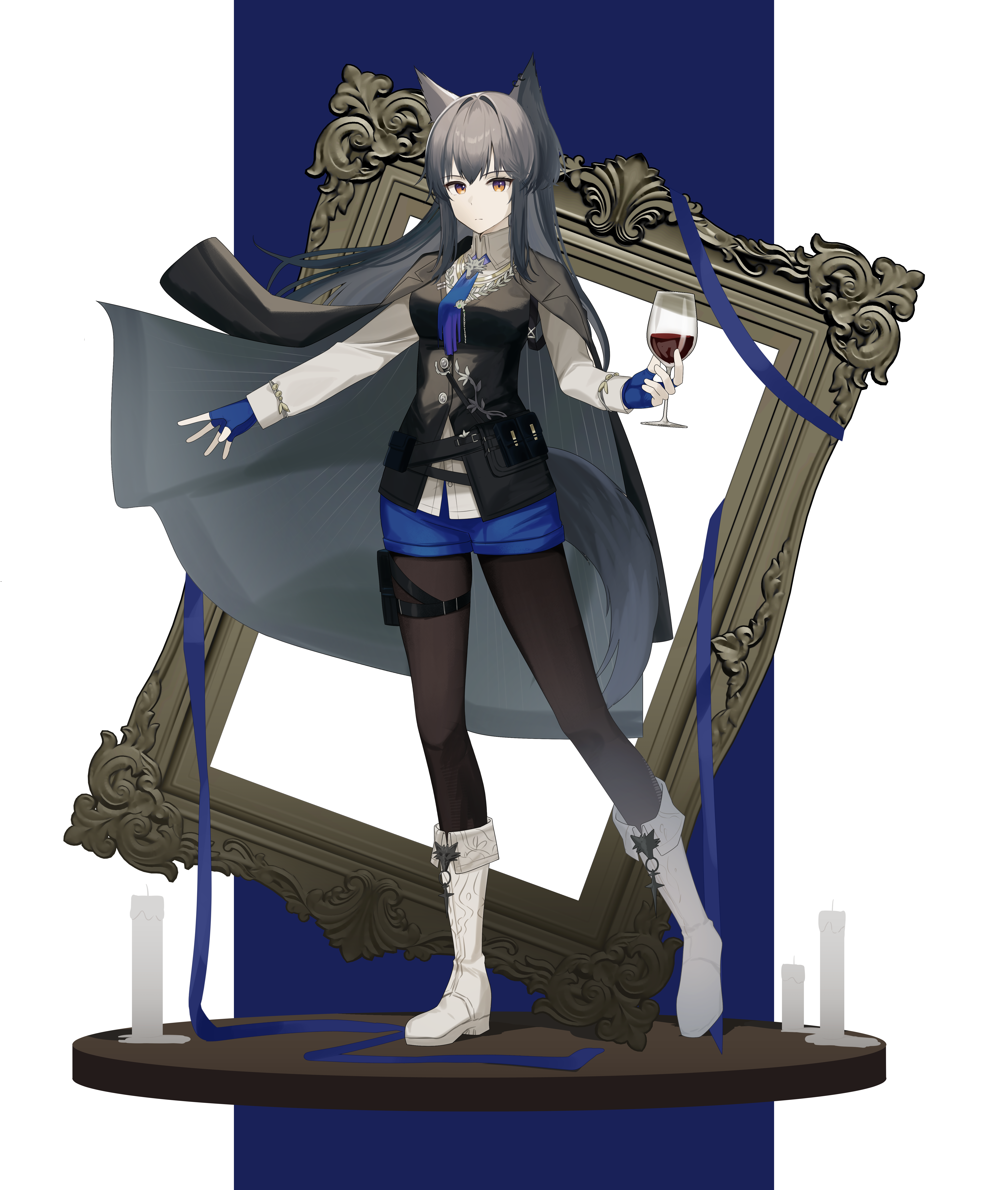 nishimiya aki, texas (arknights), texas the omertosa (arknights), arknights, absurdres, commentary, highres, 1girl, alcohol, black hair, black pantyhose, black tail, black vest, blue gloves, blue ribbon, blue shorts, bolo tie, boots, buttons, candle, closed mouth, coat, coat on shoulders, collared shirt, cup, drink, drinking glass, empty picture frame, fingerless gloves, full body, gloves, grey boots, grey shirt, holding, holding drink, knee boots, long hair, long sleeves, looking at viewer, official alternate costume, orange eyes, pantyhose, picture frame, pouch, ribbon, shirt, short shorts, shorts, sidelocks, solo, standing, tail, thigh pouch, thigh strap, vest, wine, wine glass, wolf tail