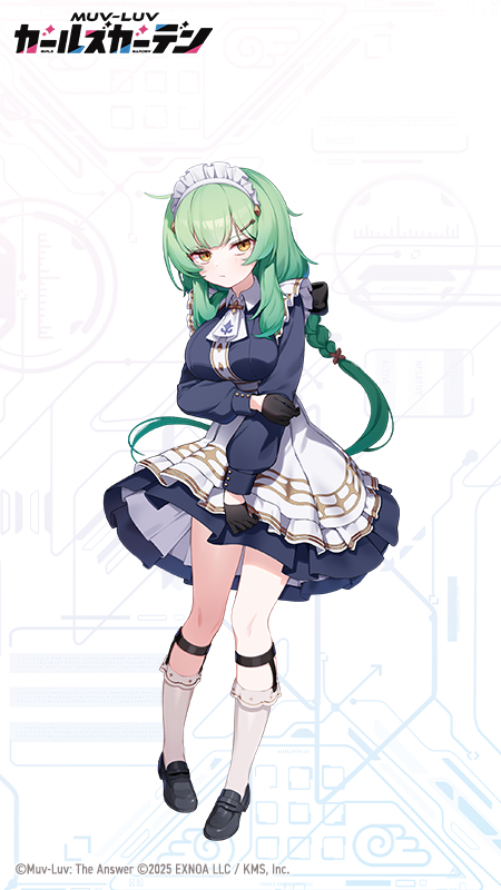 hachirodesu, harriet mills, muv-luv, muv-luv girls garden, official art, 1girl, 2025, black dress, black gloves, black shoes, braid, breasts, closed mouth, copyright logo, copyright name, copyright notice, dress, gloves, green hair, hair ornament, hairpin, kneehighs, large breasts, logo, long hair, low ponytail, maid, maid headdress, multicolored dress, ponytail, shoes, single braid, socks, solo, white dress, white socks, yellow eyes