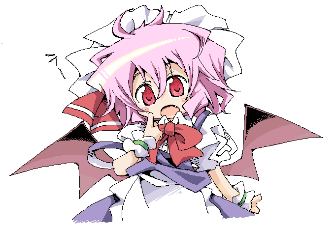 herada mitsuru, remilia scarlet, touhou, bad id, bad pixiv id, 1girl, fang, female focus, maid, pink hair, red eyes, simple background, solo, white background, wings, wrist cuffs