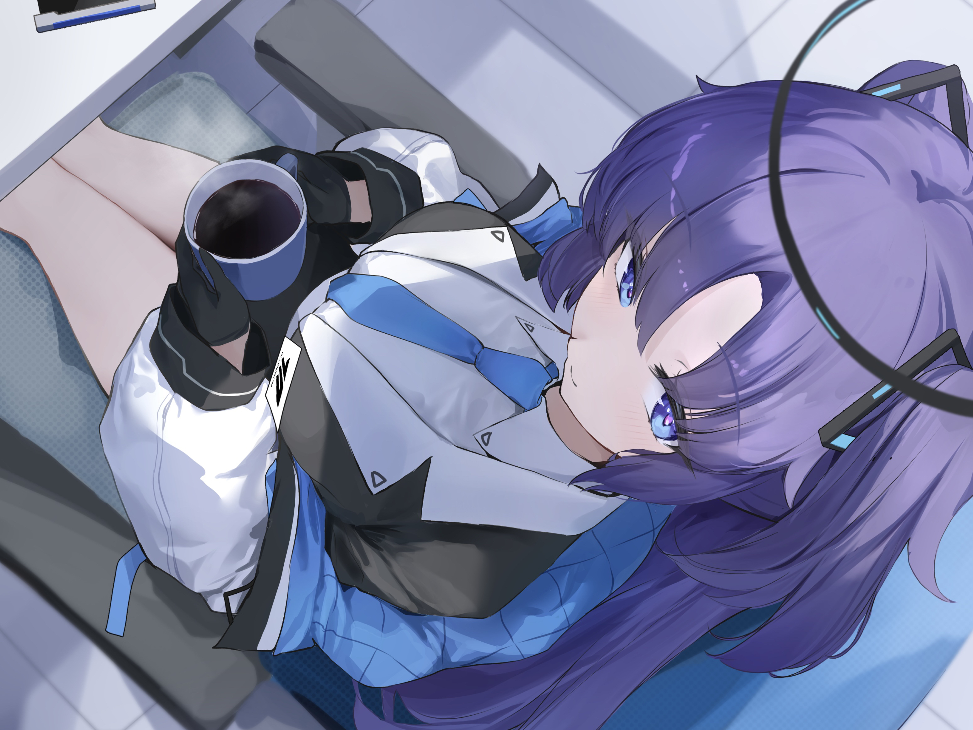 tol10131, yuuka (blue archive), blue archive, highres, 1girl, black halo, blue eyes, blue necktie, closed eyes, coffee, cup, from above, halo, holding, holding cup, long hair, looking at viewer, looking up, necktie, purple hair, shirt, sitting, solo, thighs, two side up, white shirt