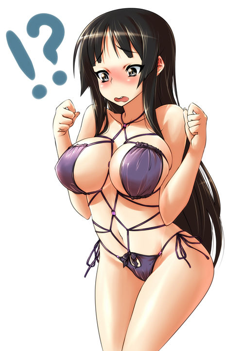 nekomamire, akiyama mio, k-on!, bad id, bad pixiv id, !?, 00s, 1girl, bdsm, bikini, black hair, blush, bondage, bound, breasts, cleavage, female focus, large breasts, long hair, purple bikini, shibari, shibarikini, solo, swimsuit