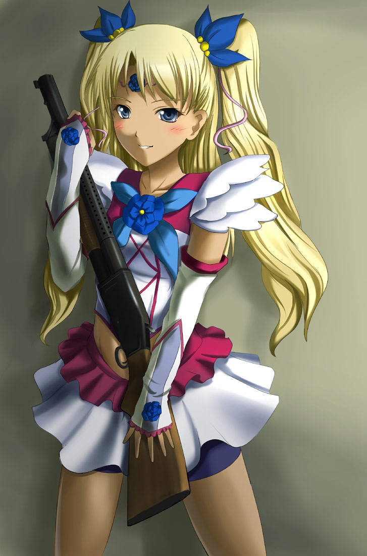 c-wing, milky rose, sendai eri, triela, gunslinger girl, precure, yes! precure 5, yes! precure 5 gogo!, eyebrows, bad id, bad pixiv id, 1girl, bike shorts, bike shorts under skirt, blonde hair, blue eyes, blush, breasts, collarbone, cosplay, dark-skinned female, dark skin, elbow gloves, female focus, flower, gloves, gun, hair ornament, holding, holding weapon, legs apart, long hair, looking at viewer, magical girl, midriff, milky rose (cosplay), miniskirt, parted lips, pump action, purple shorts, short sleeves, shorts, shorts under skirt, shotgun, simple background, skirt, smile, solo, twintails, two side up, voice actor connection, weapon, winchester model 1897