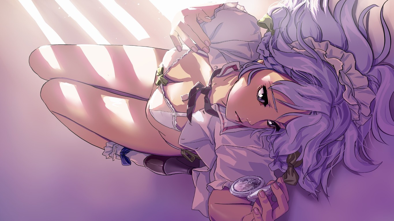 izayoi sakuya, touhou, artist request, 1girl, bottomless, bra, braid, clock, gradient background, grey eyes, grey hair, kneeling, maid headdress, nails, serious, underwear, undressing, white bra