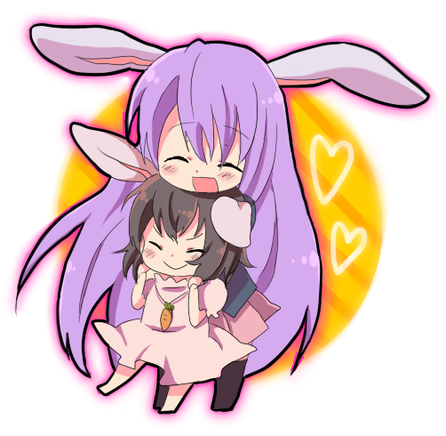 nomo, ran (pixiv7276), inaba tewi, reisen udongein inaba, touhou, 2girls, animal ears, black hair, brown hair, carrot, closed eyes, female focus, long hair, multiple girls, purple hair, rabbit ears, smile
