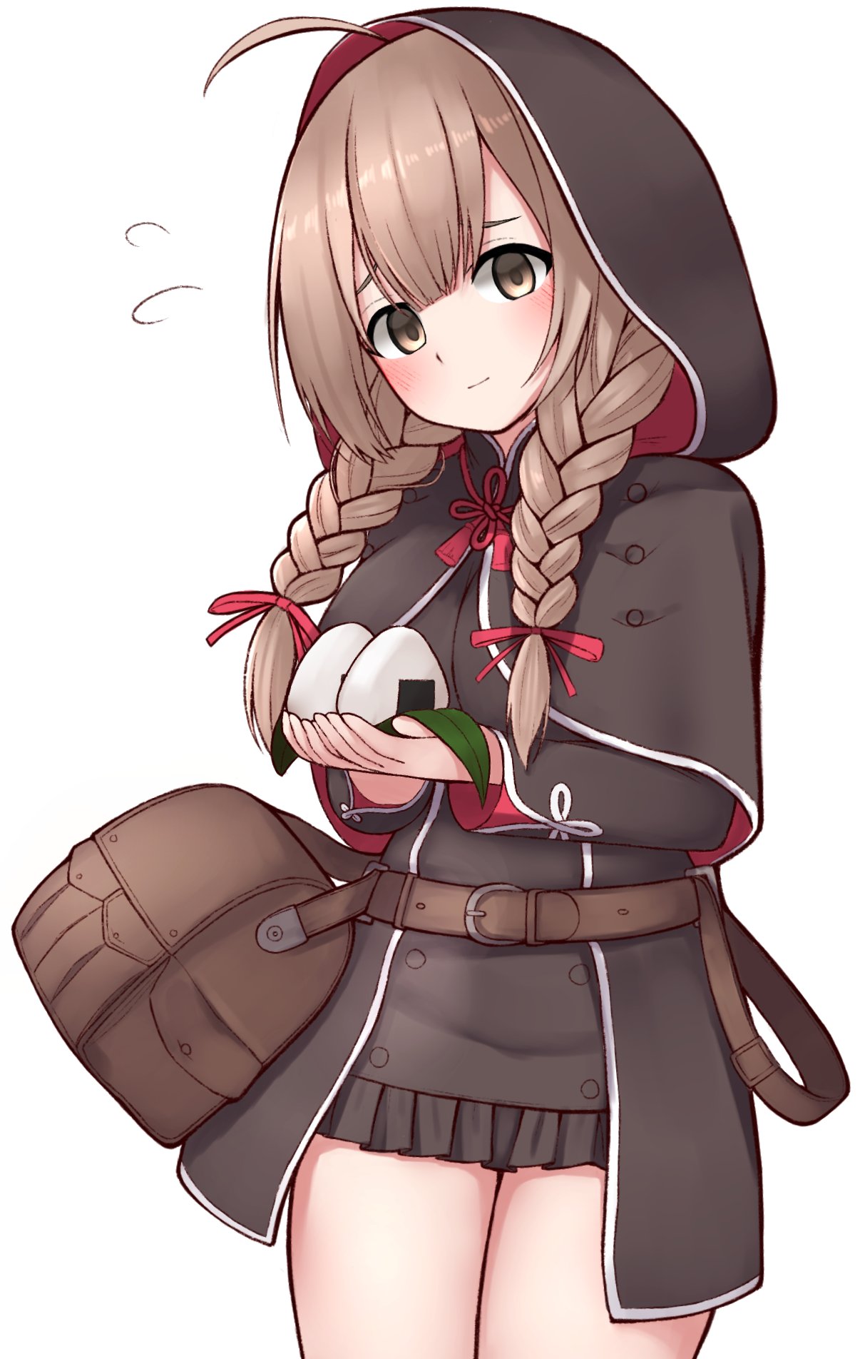 tiemu (man190), shinshuu maru (kancolle), kantai collection, highres, 1girl, ahoge, bag, belt, black capelet, black dress, braid, brown belt, brown eyes, brown hair, capelet, cowboy shot, dress, flying sweatdrops, hood, hood up, hooded capelet, long hair, pleated dress, red ribbon, ribbon, simple background, solo, twin braids, white background
