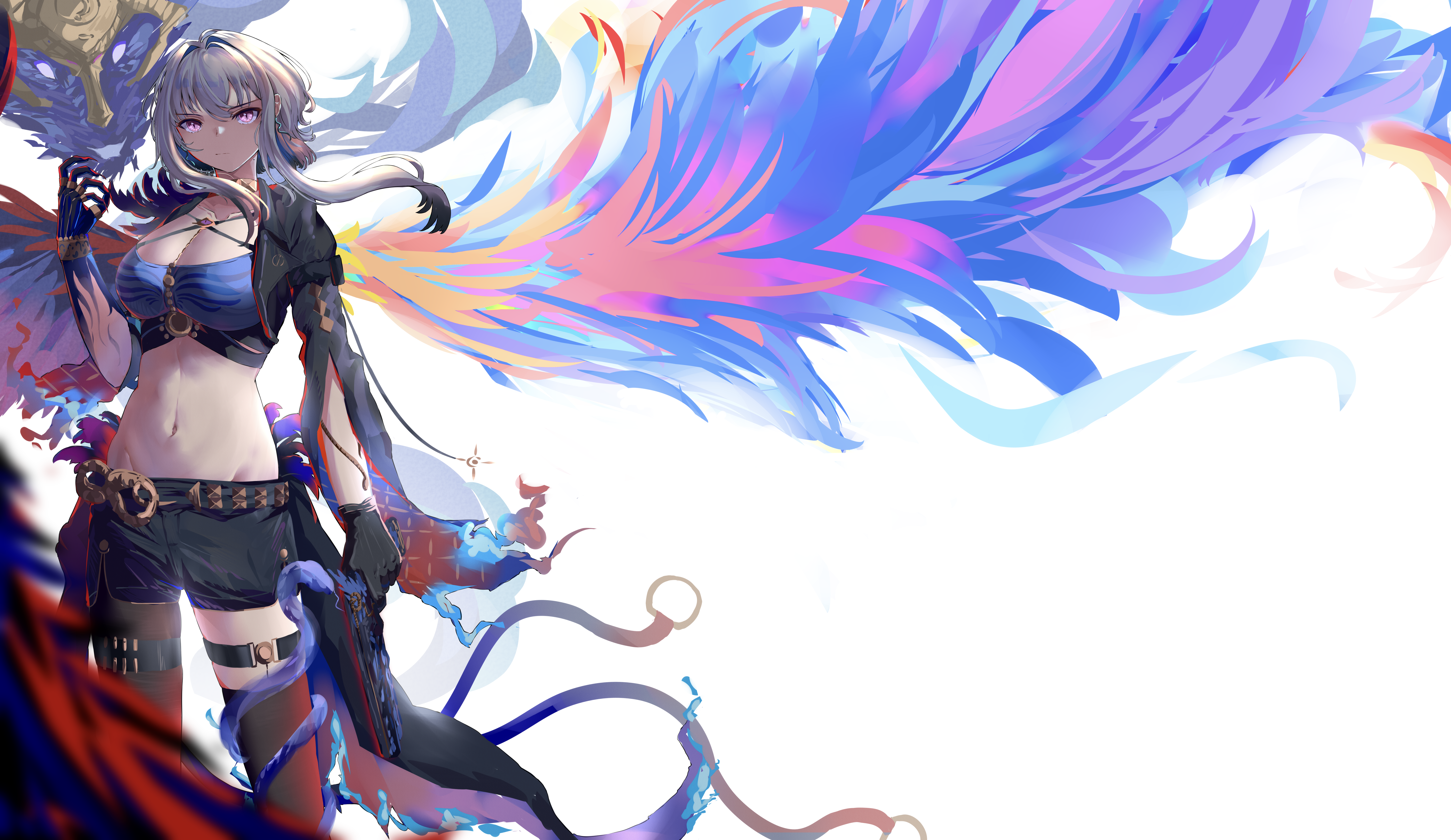 qiangz, galbrena (wuthering waves), wuthering waves, absurdres, commentary, highres, 1girl, bikini, bikini top only, black gloves, black jacket, black pantyhose, black shorts, black thighhighs, blue bikini, breasts, chimera (wuthering waves), cleavage, closed mouth, collarbone, cropped jacket, gloves, grey hair, groin, gun, hair between eyes, hand up, holding, holding gun, holding weapon, jacket, large breasts, looking at viewer, medium hair, midriff, navel, pantyhose, purple eyes, shorts, sidelocks, single leg pantyhose, single thighhigh, solo focus, standing, swimsuit, tacet discord (wuthering waves), thigh strap, thighhighs, weapon, white background