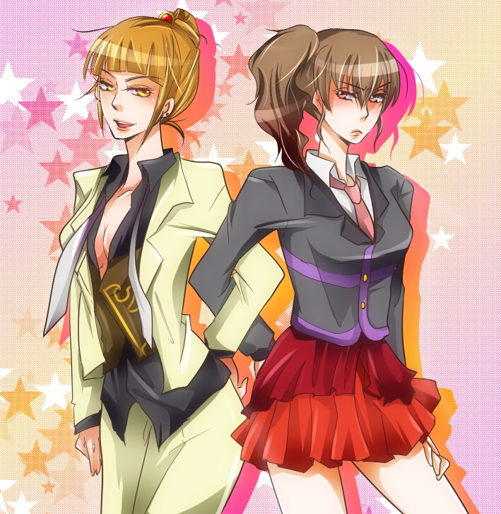 hatimine, ushiromiya eva, ushiromiya george, ushiromiya jessica, ushiromiya natsuhi, umineko no naku koro ni, 2girls, blonde hair, blush, breasts, brown eyes, brown hair, cosplay, jacket, large breasts, multiple girls, necktie, pink necktie, ponytail, skirt, ushiromiya george (cosplay), ushiromiya jessica (cosplay), yellow eyes