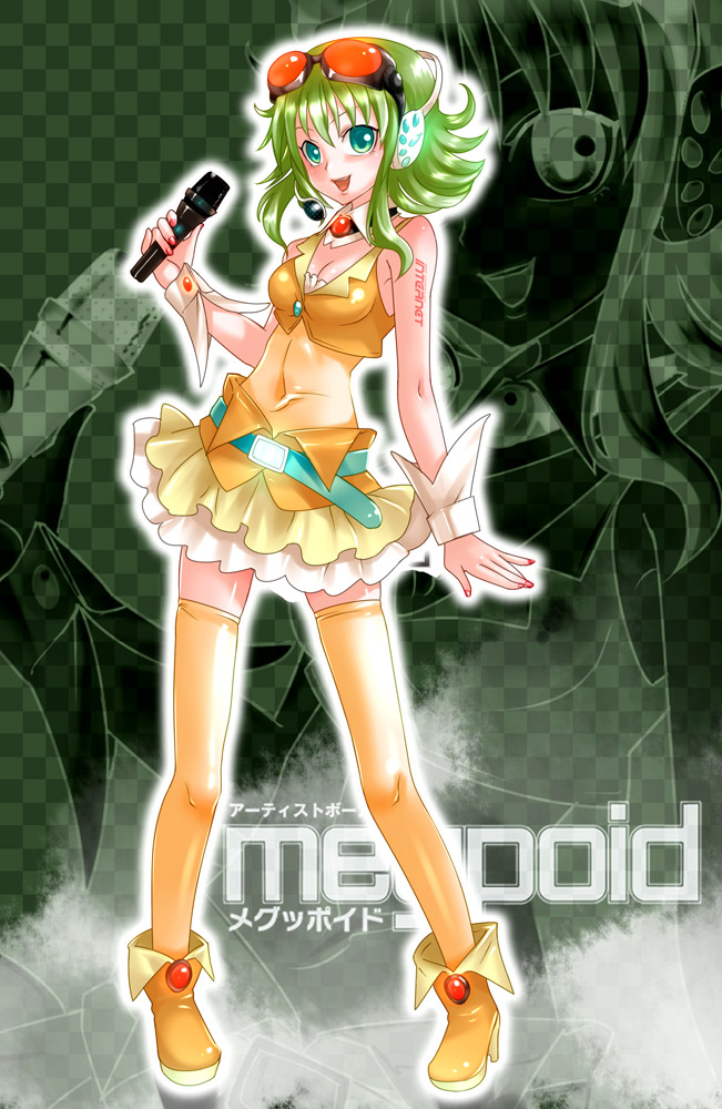 caffein, gumi, vocaloid, 1girl, aqua eyes, female focus, full body, goggles, green hair, headphones, headset, microphone, shoes, skirt, smile, solo, thighhighs, zettai ryouiki
