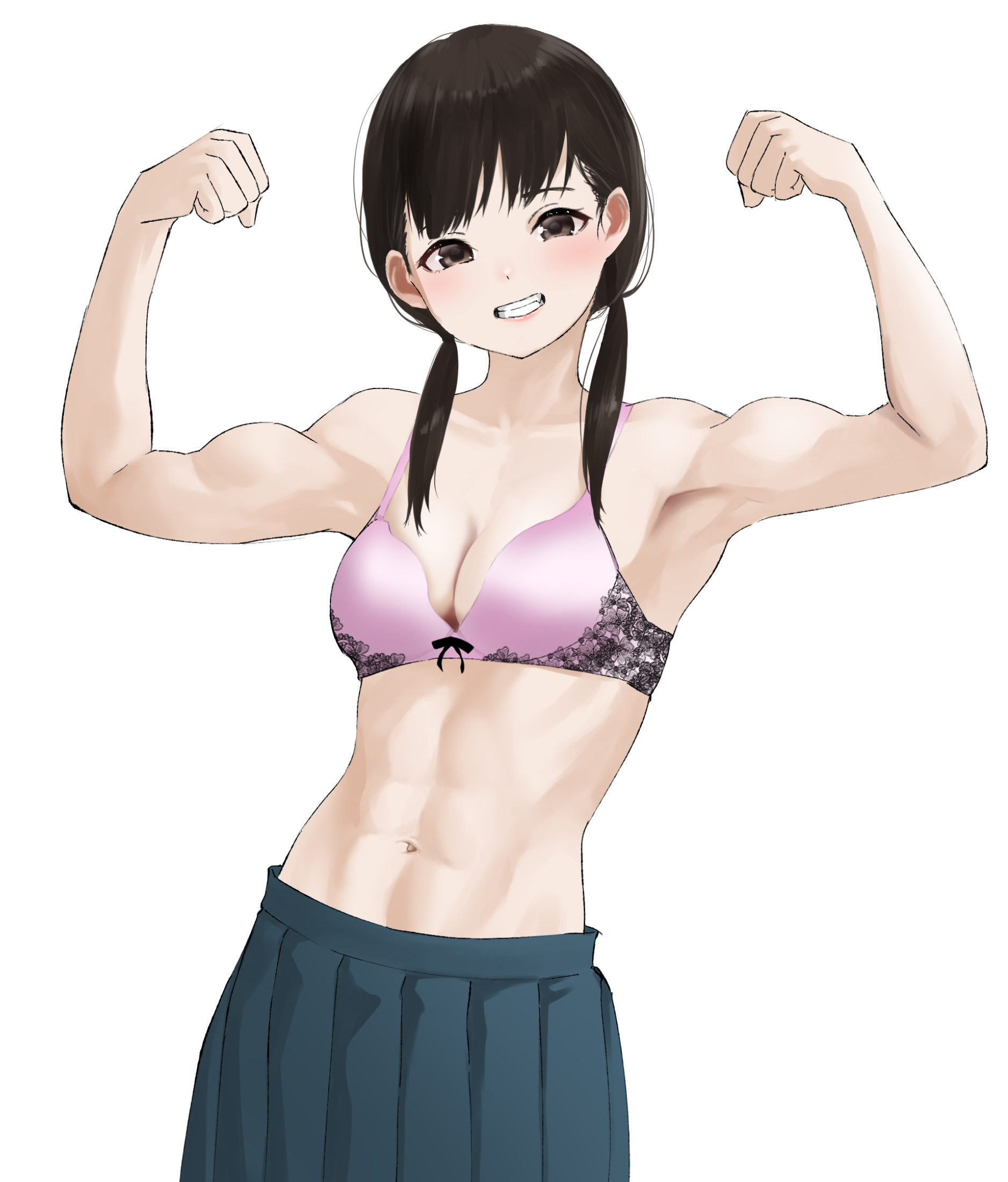 tama (tamago), original, commentary request, commission, highres, pixiv commission, 1girl, abs, black hair, bra, breasts, brown eyes, cleavage, flexing, grin, low twintails, medium breasts, pink bra, pleated skirt, skirt, smile, solo, toned, toned female, twintails, underwear, upper body