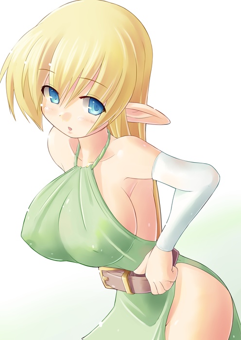 kourourin, tiffania westwood, zero no tsukaima, 00s, 1girl, armpits, bare shoulders, belt, blonde hair, blue eyes, breasts, covered erect nipples, elbow gloves, elf, female focus, gloves, halterneck, large breasts, no bra, no panties, pointy ears, solo