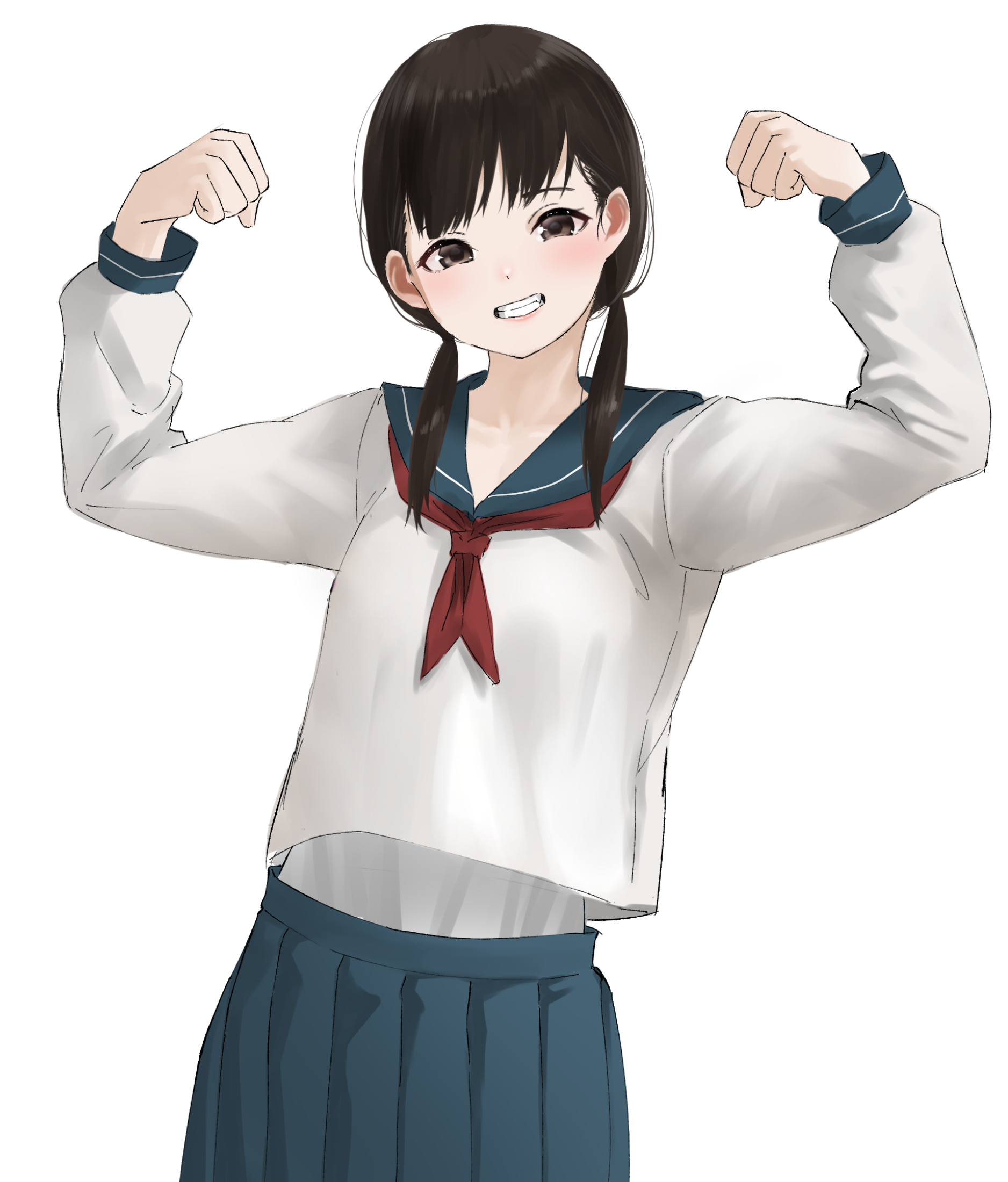 tama (tamago), original, commentary request, commission, highres, pixiv commission, 1girl, black hair, blue sailor collar, brown eyes, flexing, grin, long sleeves, low twintails, necktie, pleated skirt, red necktie, sailor collar, school uniform, serafuku, skirt, smile, solo, twintails, upper body
