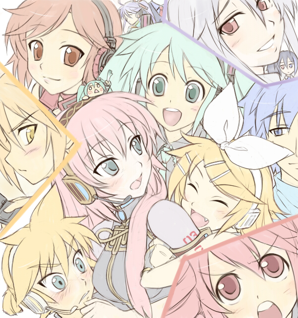 satogo, akita neru, hachune miku, hatsune miku, kagamine len, kagamine rin, kaito (vocaloid), kamui gakupo, kasane teto, kasane teto (utau), megurine luka, meiko (vocaloid), sakine meiko, yokune ruko, yowane haku, utau, vocaloid, bad id, bad pixiv id, 3boys, 6+girls, :d, angry, aqua eyes, aqua hair, blonde hair, blue eyes, blue hair, blush, brown eyes, brown hair, closed eyes, crossover, everyone, family, fang, green eyes, hair ribbon, headphones, headset, heterochromia, inset, long hair, mini person, minigirl, multiple boys, multiple girls, open mouth, pink hair, red eyes, red hair, ribbon, siblings, smile, spring onion, twins, twintails, white hair, yellow eyes