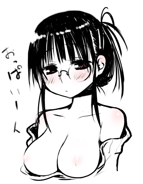 kashiwamochi yomogi, translation request, 1girl, bare shoulders, blush, breasts, brown eyes, female focus, glasses, medium breasts, monochrome, nipples, solo, spot color