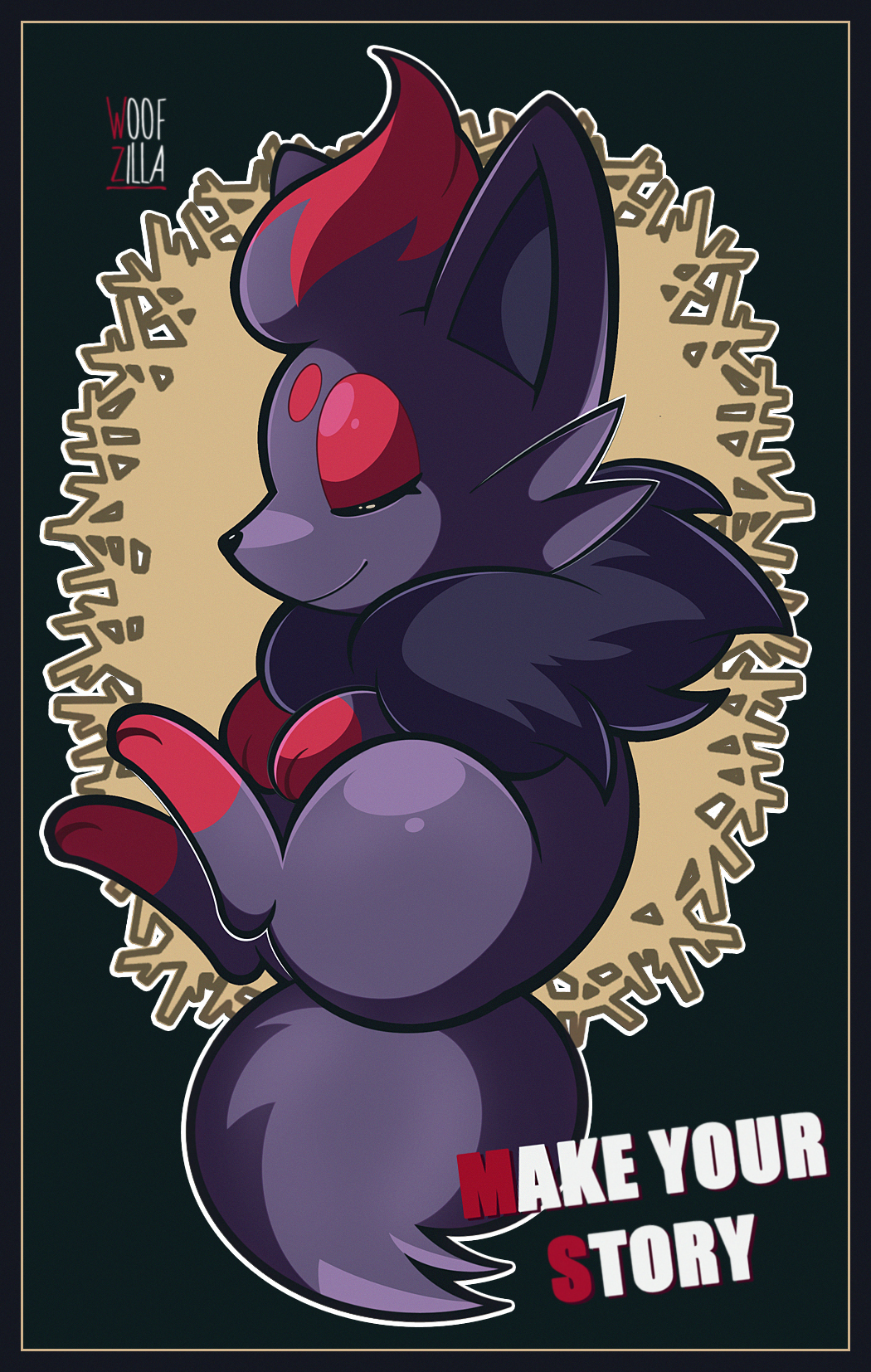 woofzilla, zorua, nintendo, pokemon, highres, animal focus, closed eyes, closed mouth, english text, full body, gen 5 pokemon, inset border, lying, no humans, on side, pokemon (creature), signature, sleeping, solo