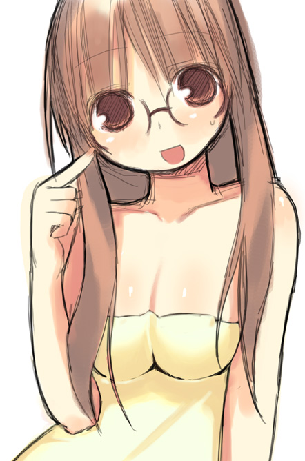 kashiwamochi yomogi, arima senne, original, 1girl, breasts, brown eyes, brown hair, cleavage, female focus, glasses, naked towel, open mouth, solo, tareme, towel