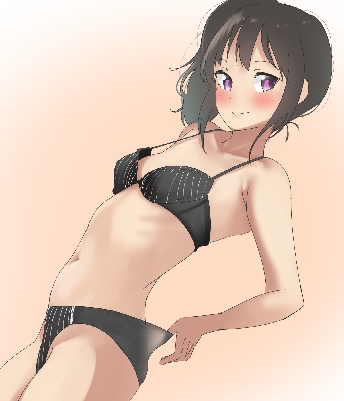 tama (tamago), original, commentary request, commission, highres, pixiv commission, 1girl, adjusting clothes, adjusting panties, black bra, black panties, blush, bra, breasts, brown hair, closed mouth, collarbone, cowboy shot, dutch angle, from side, gradient background, looking at viewer, navel, oversized breast cup, panties, panty tug, petite, pink eyes, side ponytail, simple background, small breasts, smile, solo, strap gap, striped bra, striped clothes, striped panties, underwear, underwear only, vertical-striped clothes