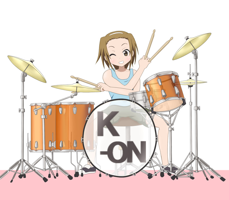 qwer, tainaka ritsu, k-on!, 00s, 1girl, brown eyes, brown hair, casual, cymbals, drum, drum set, drumsticks, female focus, hairband, instrument, one eye closed, short hair, solo, spread legs, tomboy, white background, wink