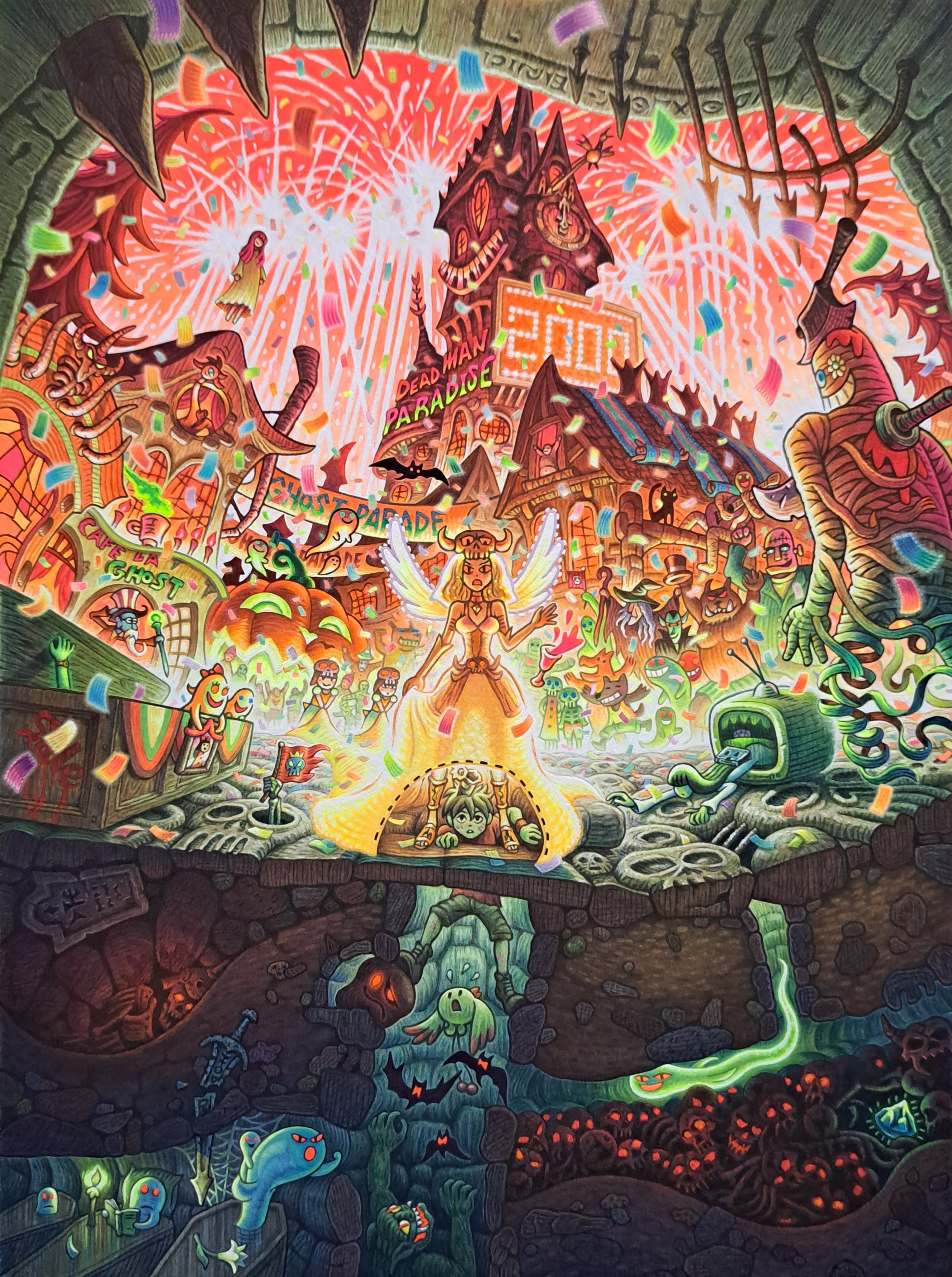 koichi noda, frankenstein's monster, grandia, grandia: parallel trippers, the ring, absurdres, highres, official art, axe, bat (animal), black cat, book, candle, cat, coffin, dress, elbow gloves, ghost, gloves, halloween, hat, jack-o'-lantern, long hair, multiple boys, multiple girls, mummy, open mouth, parody, skirt, smile, vampire, witch, witch hat